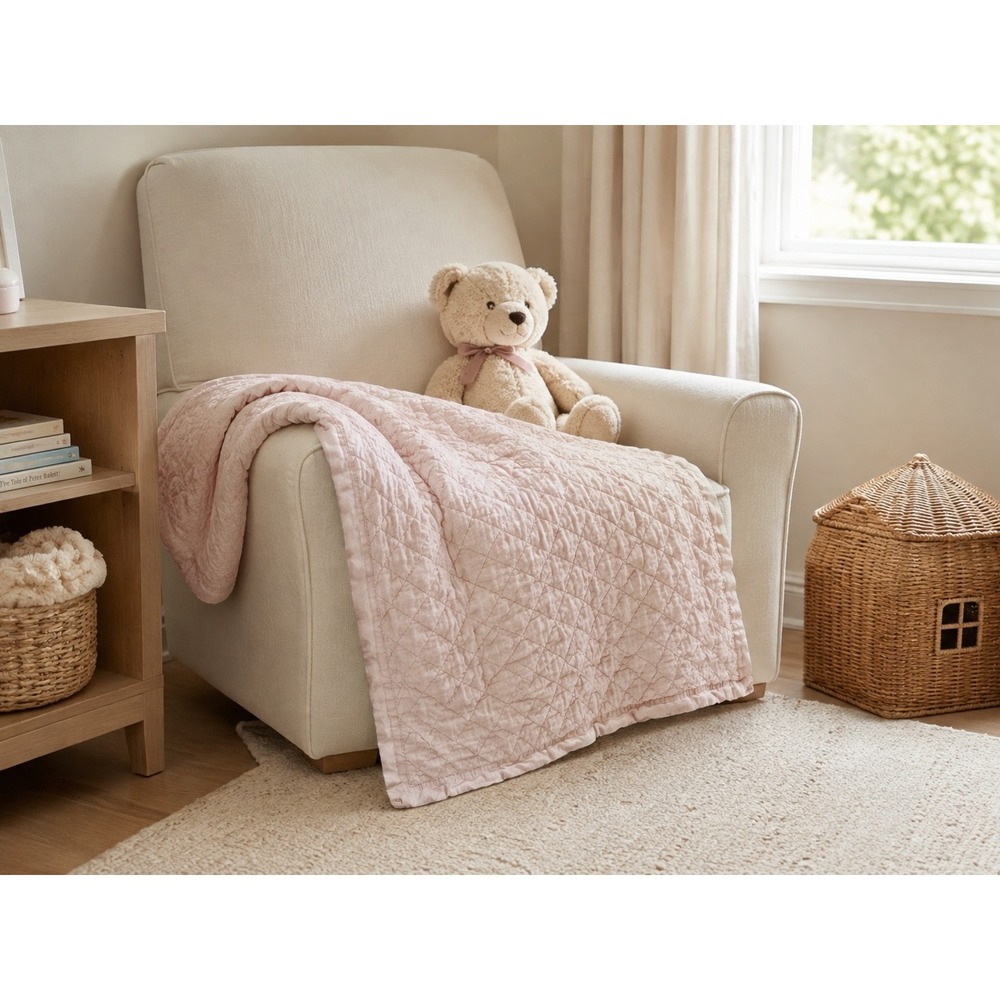 Pottery Barn Kids Toddler Quilt Light Pink 100% Linen Diamond Quilted 36x50